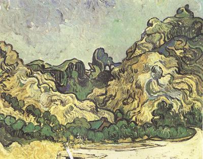 Vincent Van Gogh Mountains at Saint-Remy with Dark Cottage (nn04)